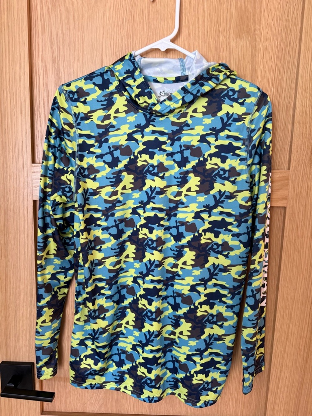 Kids Performance Hoodie Sunshirt - Blue and Neon Green Camo